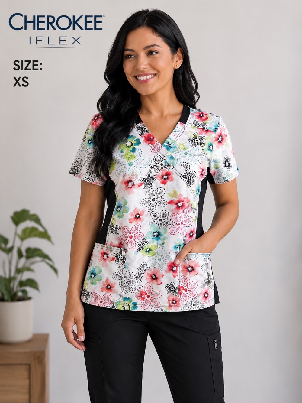 IFLEX CHEROKEE women v-neck short sleeve black-white floral scrubs top/size XS